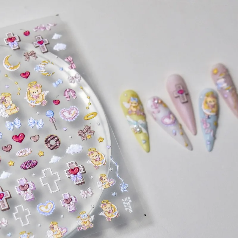 Cute Angel Bear Cartoon 3D Relief Stickers Aesthetic DIY Decoration for IPad Case & Phone Case Lovely Mini Girls' Nail Art Decal view 5