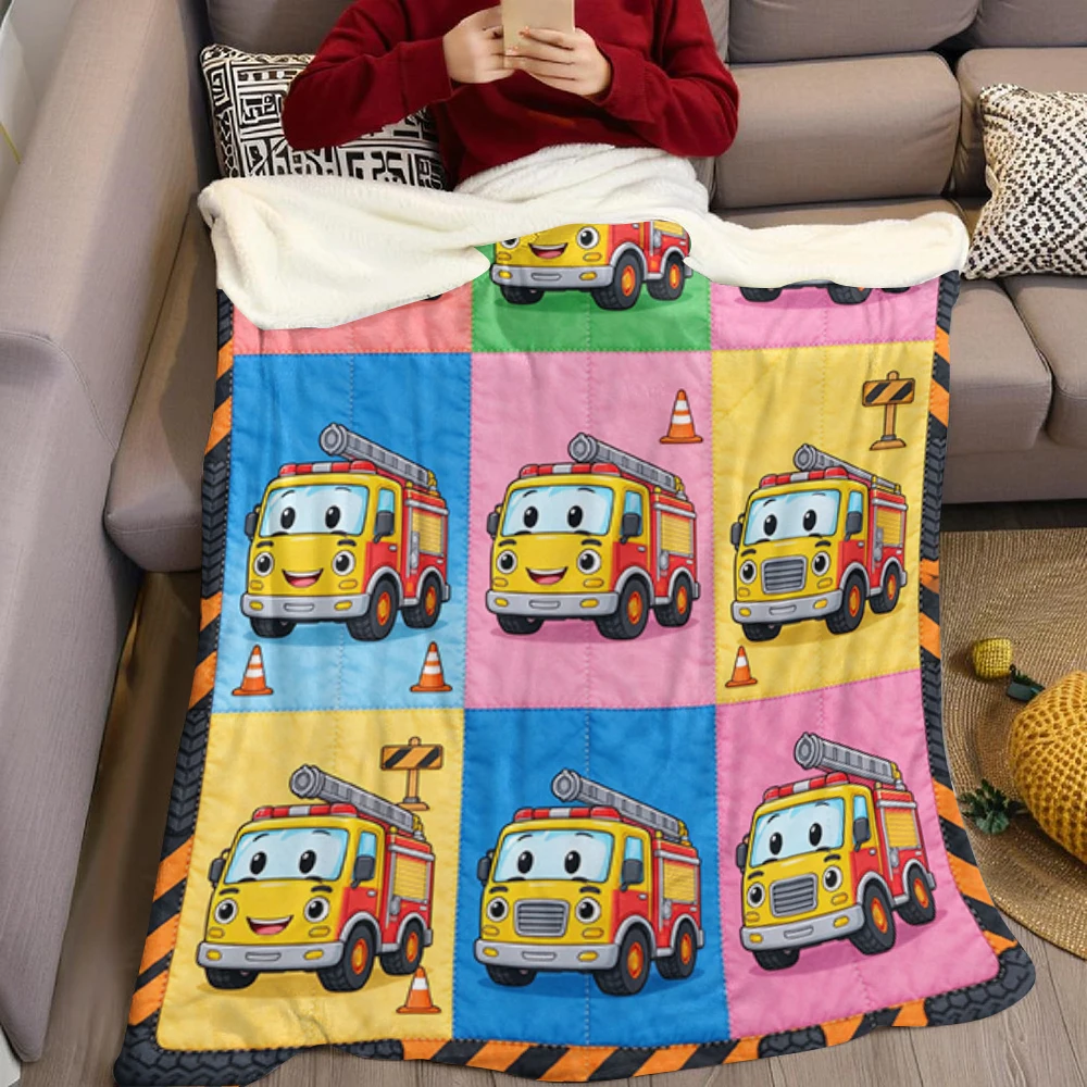 Yellow Fire Truck Hex Gear Flannel Blanket Perfect for Sofa Office Bed Travel Sleep Read Relax Camping Four Season Use