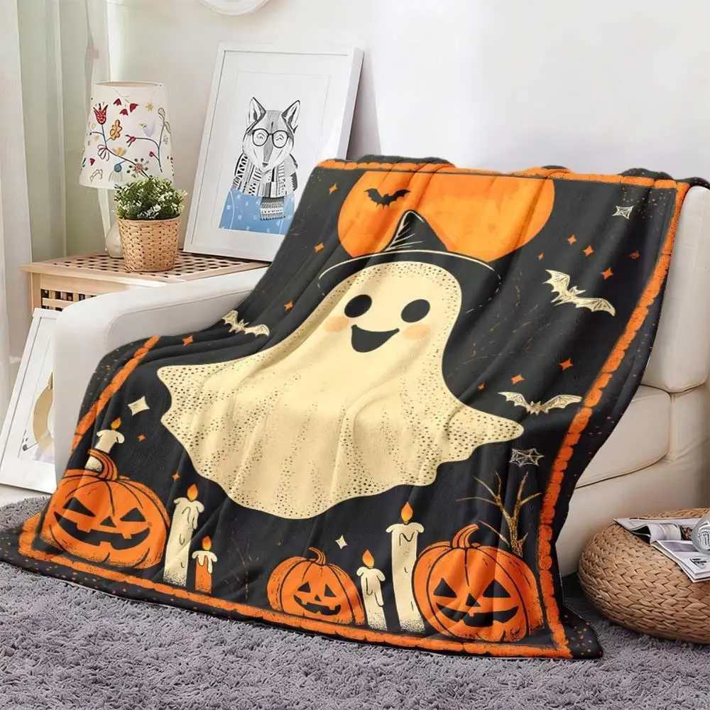 Cozy Flannel Throw Blanket Suitable for Seasons - Soft Warm Bedspread with Black Hat & Pumpkin Lantern Design, Contemporary Bedspread for Couch, Office,, Dorm - Multi-Color Textile Bedding for Modern Decor