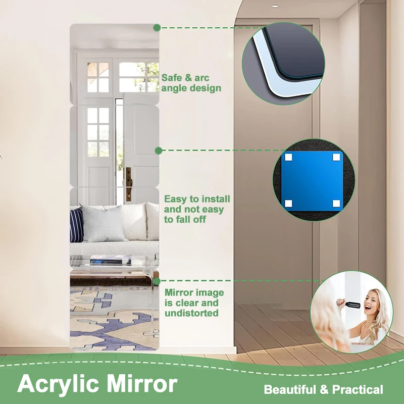 4/8PCS Square Acrylic Mirror Wall Stickers, Self Adhesive Reflective Panels for Bedroom Living Room