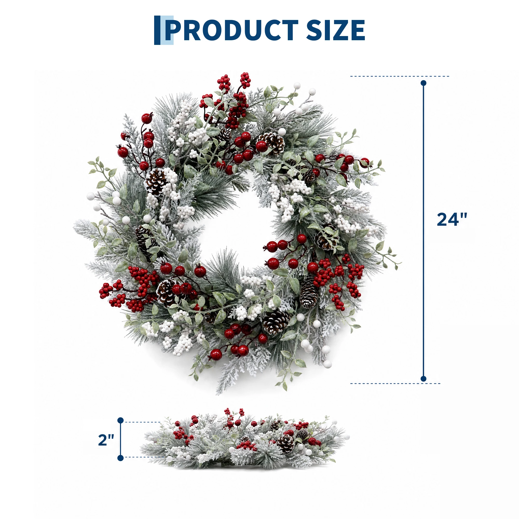 24 inch Pre-Lit Christmas Wreath with 20 LED Lights 8-Mode Timer Snowy Pinecone Berry Holiday Wreath for Front Door Indoor Outdoor Decor