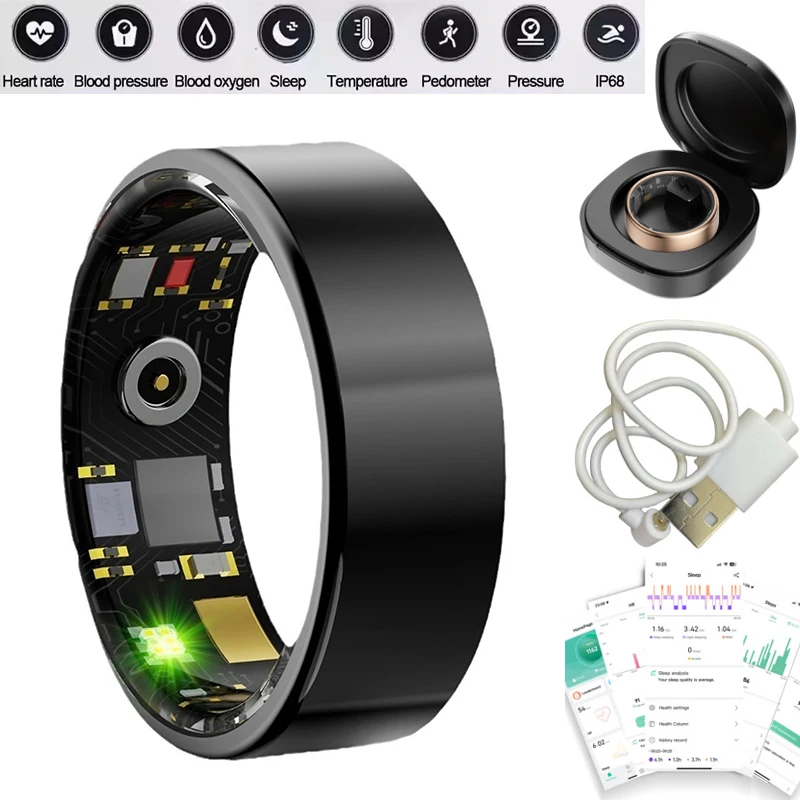 Smart Ring Men Women, Heart Rate Blood Oxygen Bloods Pressure Monitor Smartring IP68 & 5ATM Waterproof, Multi-sport Mode Rings