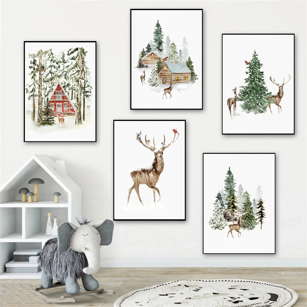 Modern Painting Wall Art Christmas Farmhouse Pictures Forest Deer Woodland Posters and Prints Winter Canvas Painting Home Decor