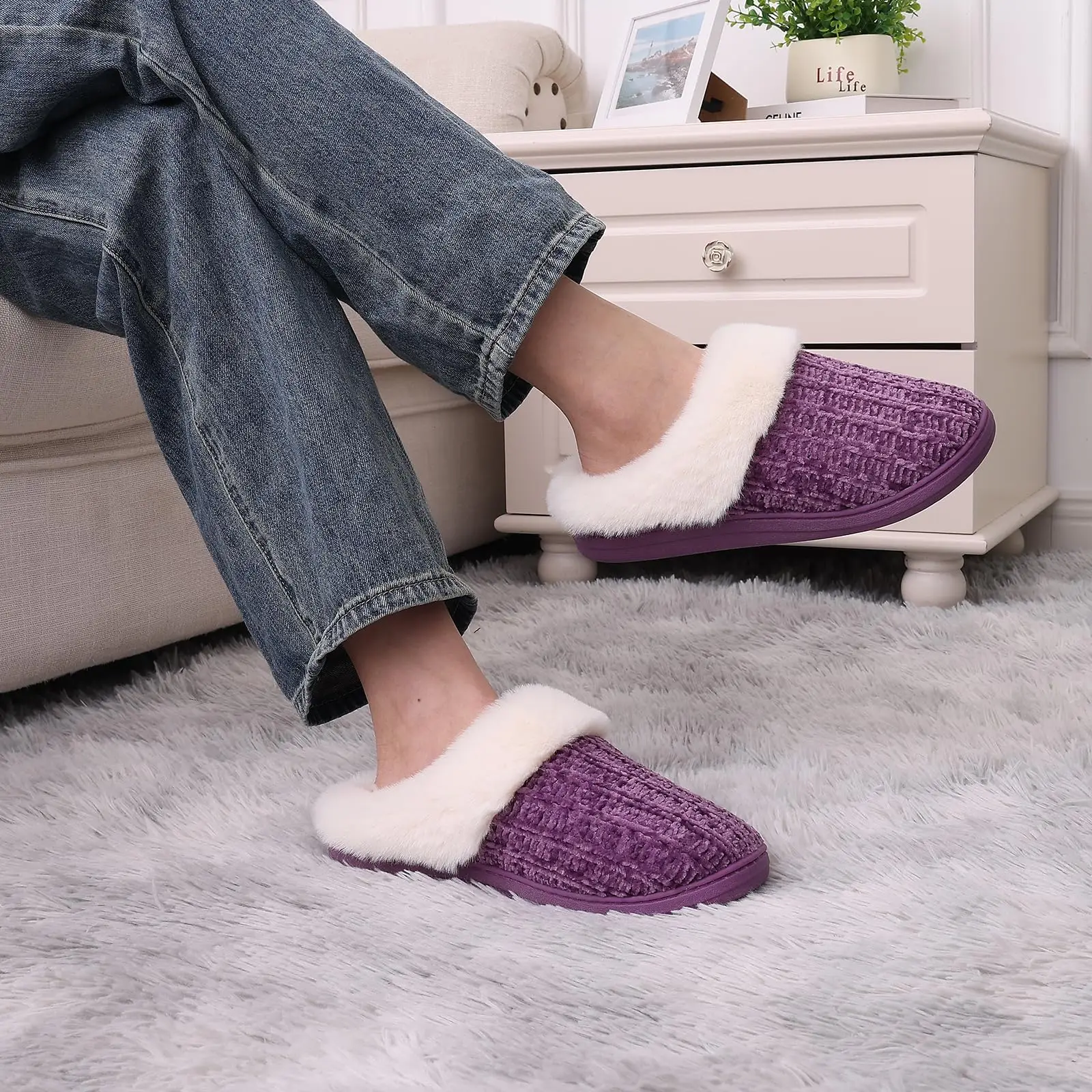 Shevalues Knit Plush Slippers Memory Foam Fuzzy Slippers Furry Fluffy Slides Anti-Skid Rubber Sole Winter House Cotton Slippers