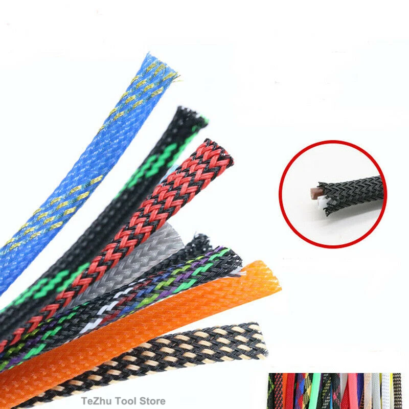 6MM PET Sleeves Tight Braided Expandable Cable Wire Snakeskin Sleeving Cord Protector Red Black