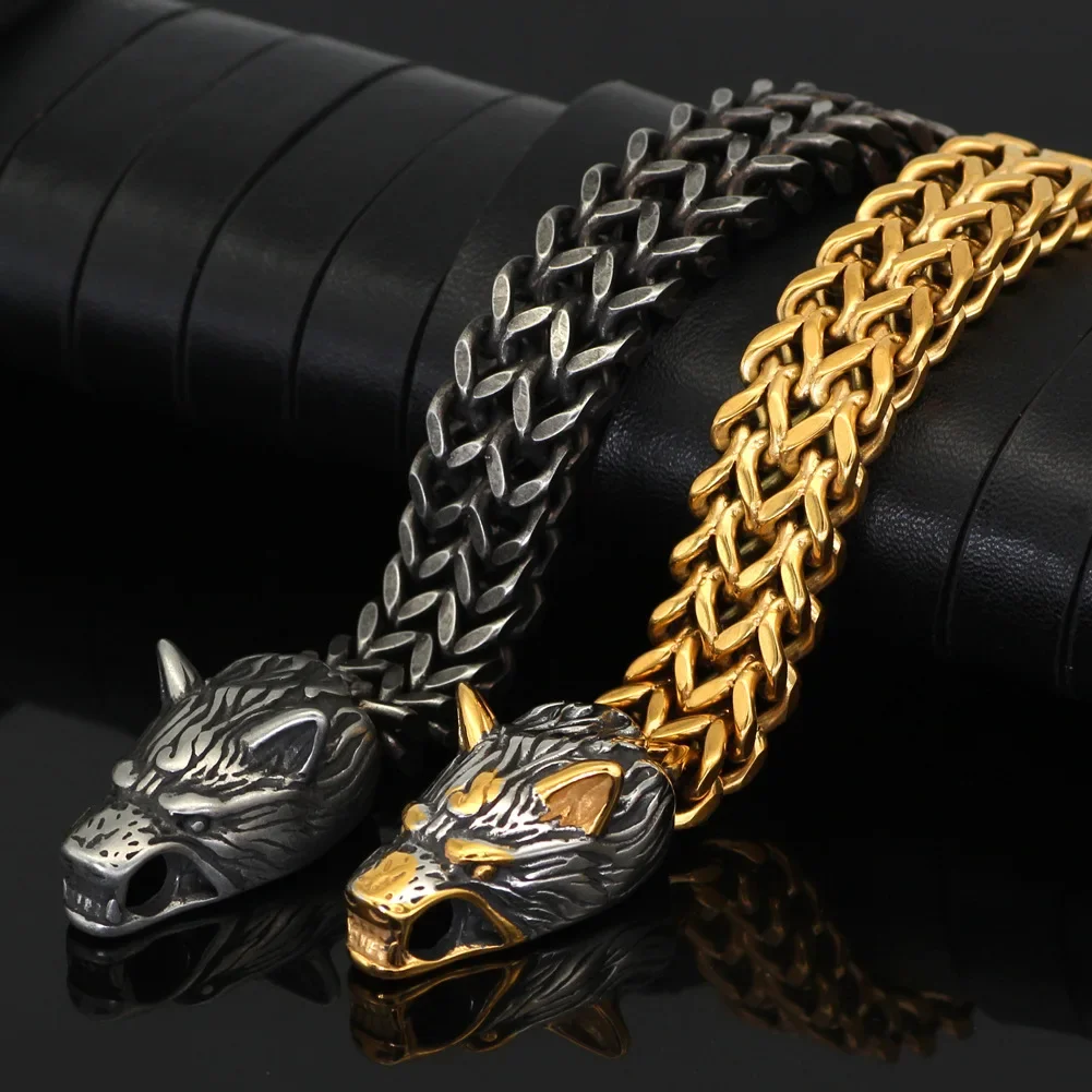 free shipping Viking Odin Wolf bracelet hip hop style head stainless steel men hand string charm anime punk couple steampunk