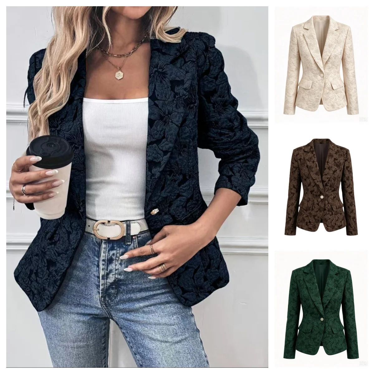 Women Elegant Long Sleeve Blazer Vintage Jacquard Lapel Suit With Single Button Autumn Winter Office Lady Business Jackets