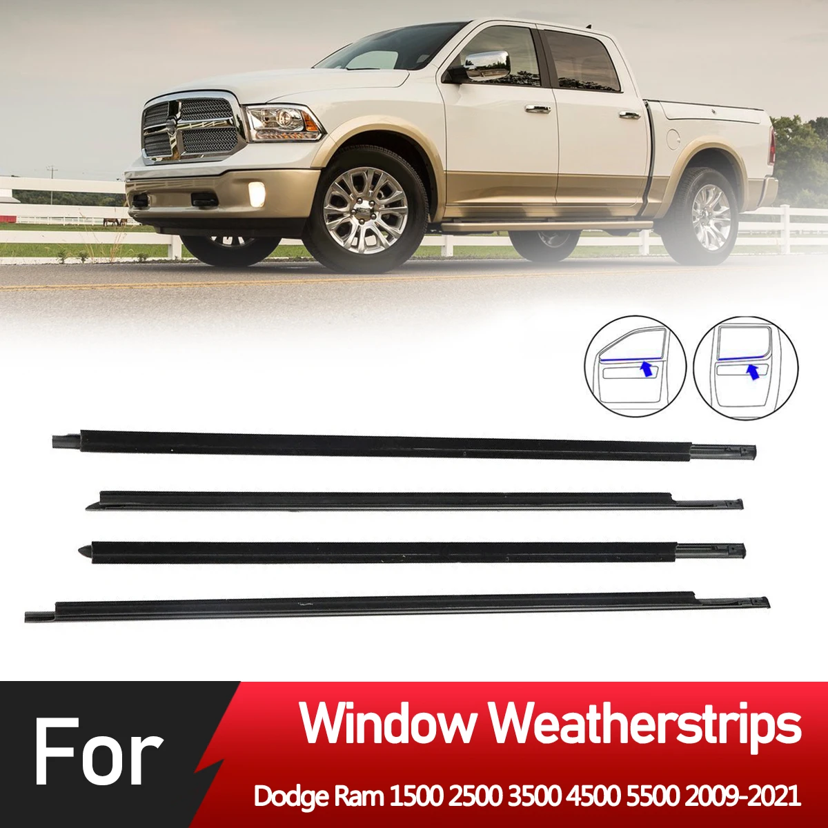 4PCS Car Outer Windows Rubber Weatherstrip Sealing Strip Belt Moulding Trim For Dodge Ram 1500 2500 3500 4500 5500 2009-2021