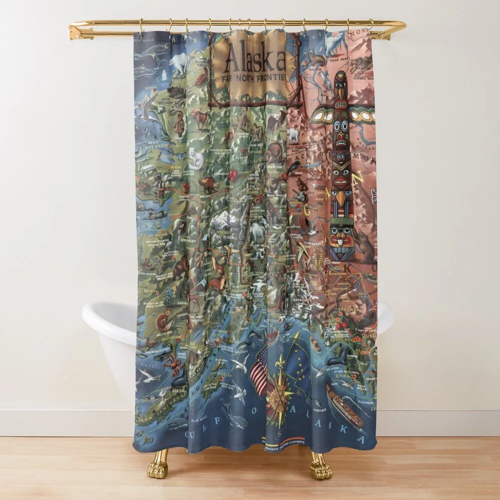 

1959 Vintage Alaska Pictoral Map Shower Curtain Bathroom Accessories Transparent Bathroom Shower Bathroom Decor Curtain