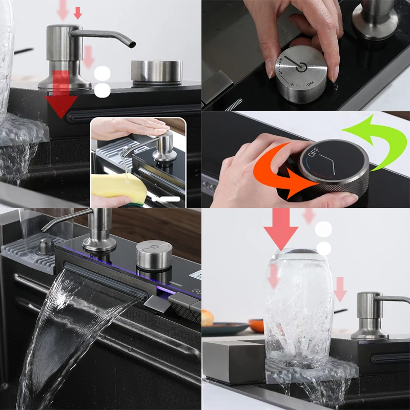 Discount Luxury Anti-Scratch LED Digital Display Waterfall Kitchen Sink With Cup Washer And Soap Dispenser