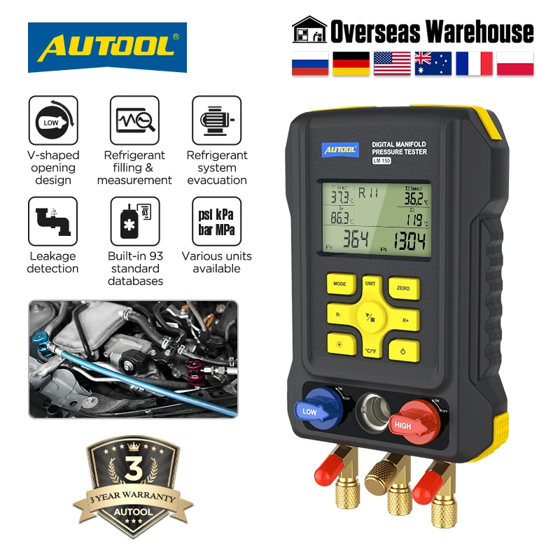 AUTOOL LM150 Refrigeration Digital Manifold Gauge for Temperature /Pressure /Vacuum HVAC Leak Test