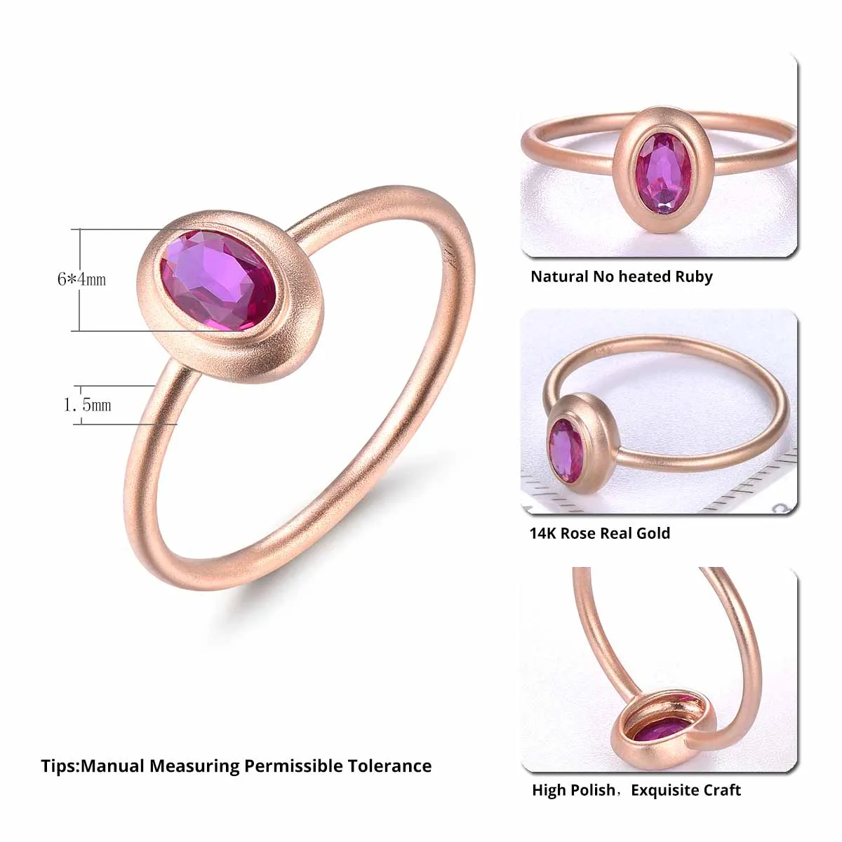 Lohaspie Natural No Heated Ruby Ring 14K Rose Gold Fine Jewelry Simple Style Rings for Double Eleven New Arrivals