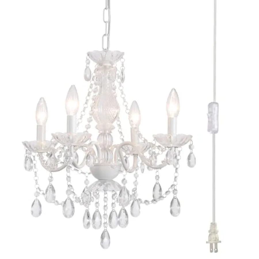 

Wedding, kitchen, dining, foyer, mini room crystal ceramic white chandelier with glass pendants, clear cord, on/off switch, 4-l