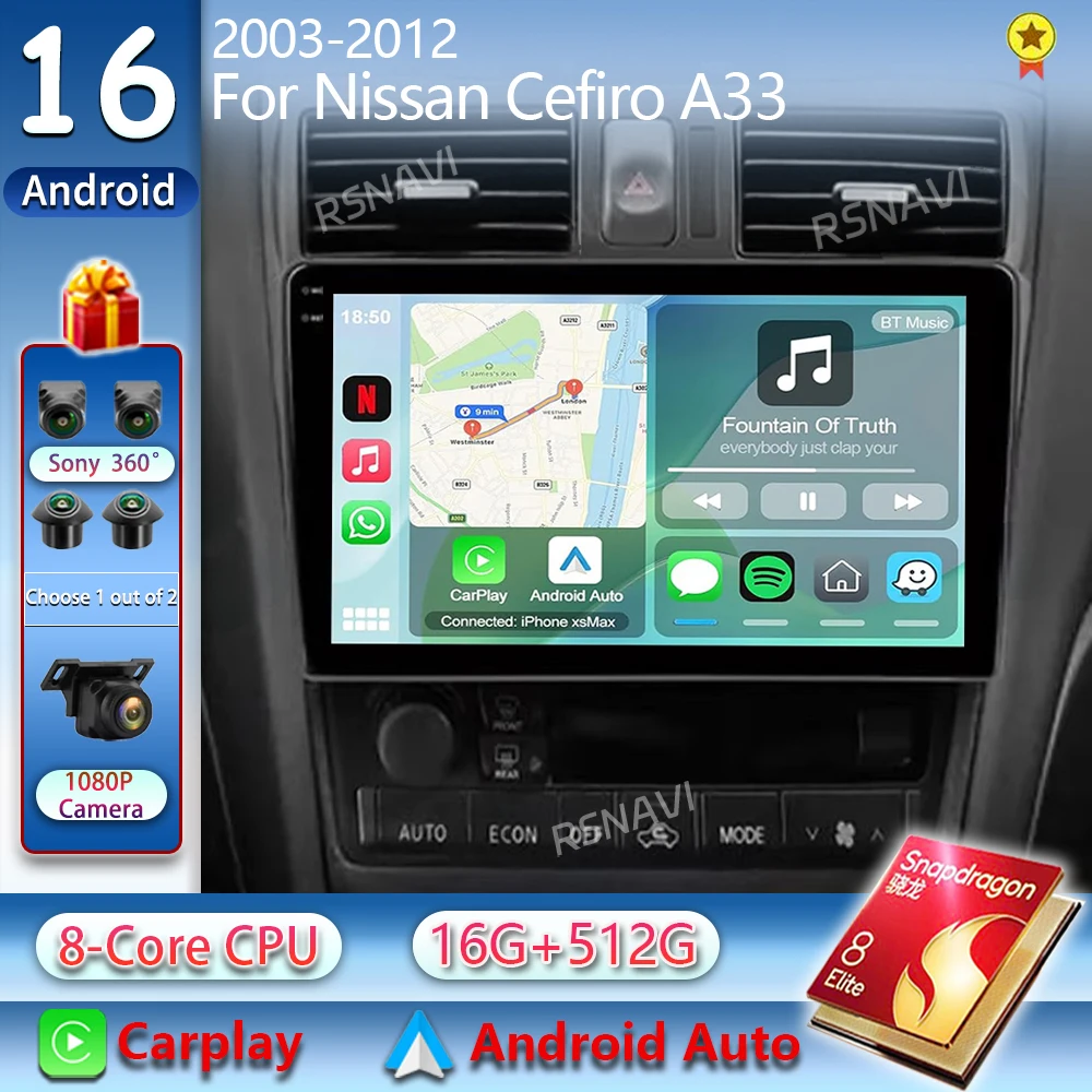 Android 16 Carplay Auto Car Radio For Nissan Cefiro A33 2003-2012 Multimedia Video Player Navigation GPS Stereo Audio