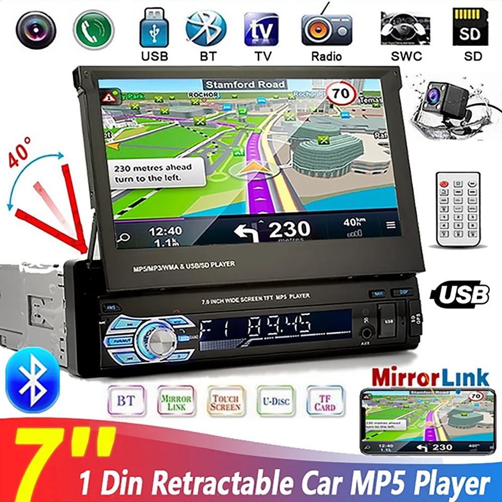 7 Inch 1 Din Autoradio Retractable Screen HD Car MP5 Player Car Stereo Radio Support Bluetooth/USB/AUX/FM/AM Radio