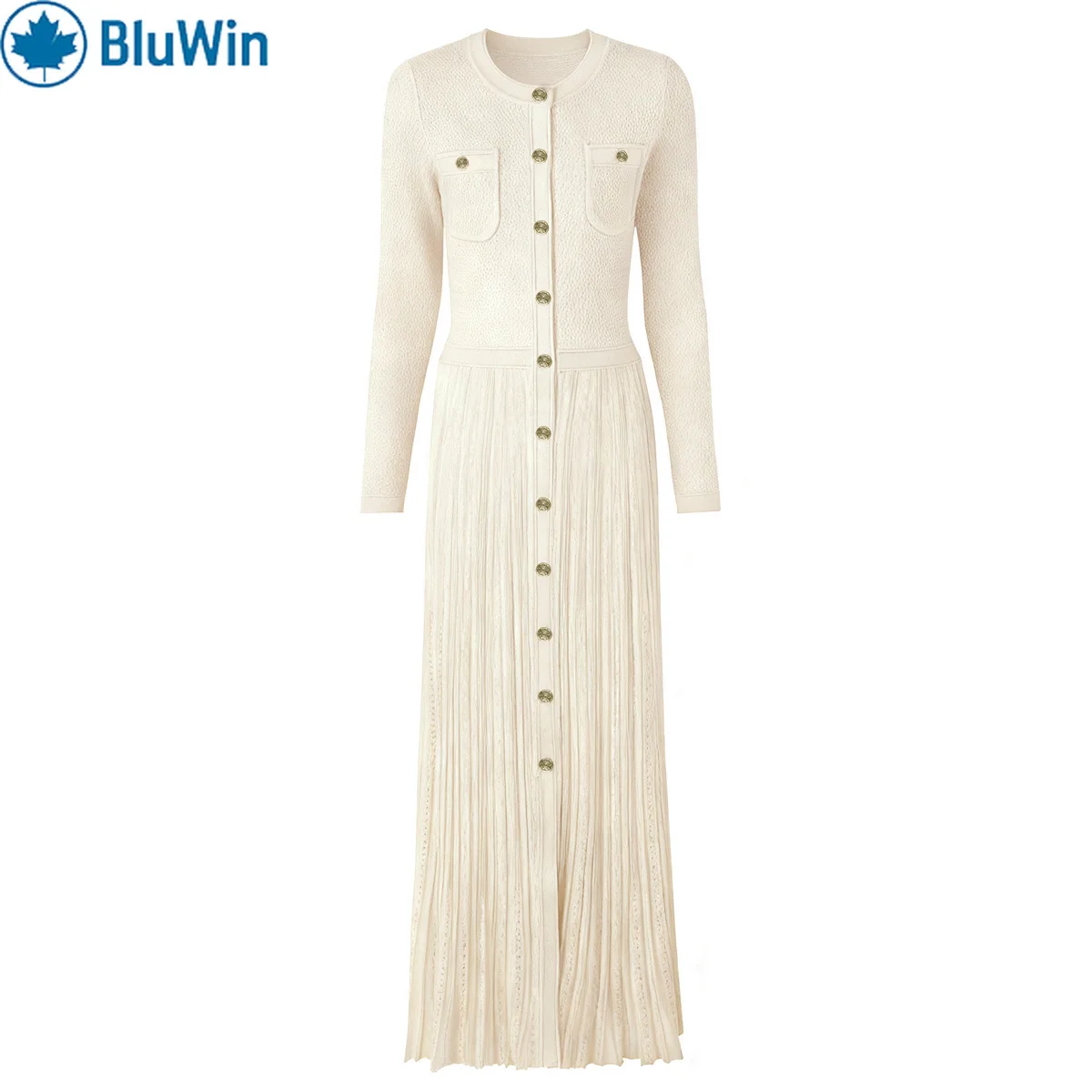فستان BluWin 2025 لربيع وخريف متماسك بقصة ضيقة وأكمام طويلة - فستان متوسط الطول عصري مجوف للنساء