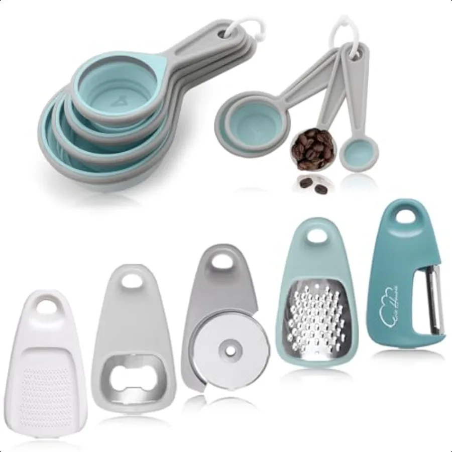 

Kitchen Gadgets Set 13 Piece Space Saving Cooking Tools Includes Cheese Grater Pizza Cutter Peeler Bottle Opener Garlic Grinder