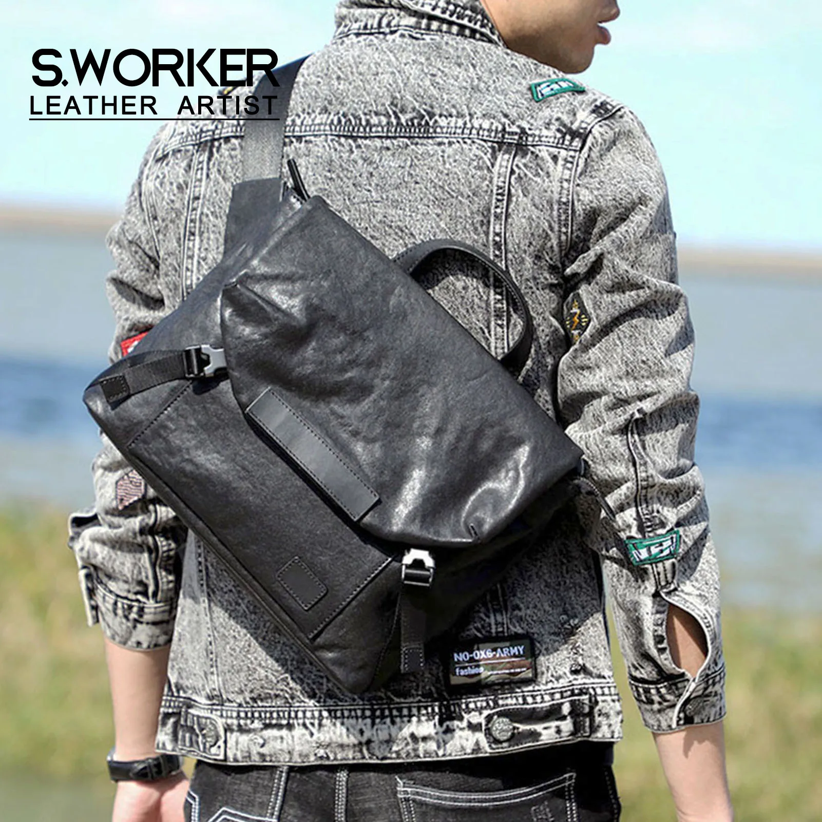 S.WORKER Herren-Umhängetasche aus Vollnarbenleder | Modische Umhängetasche, Crossbody-Tagesrucksack – Detail 2