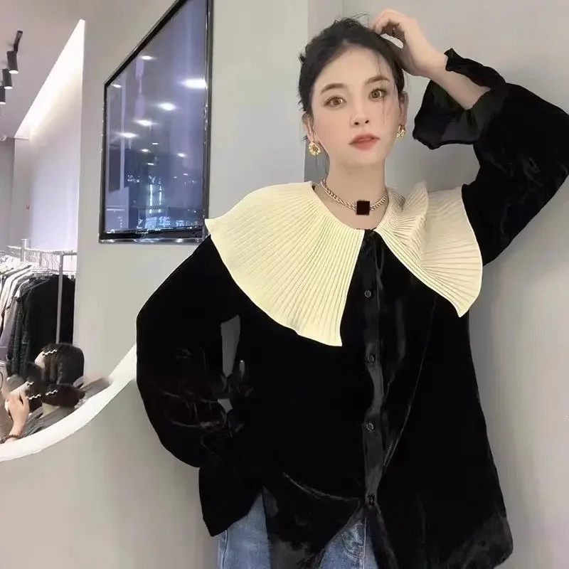 Korejpaa French Fashion Pleated Turn-down Collar Camisas De Mujer 2023 Autumn Ruffed Sleeve Velvet Black Shirts Slim Solid Tops