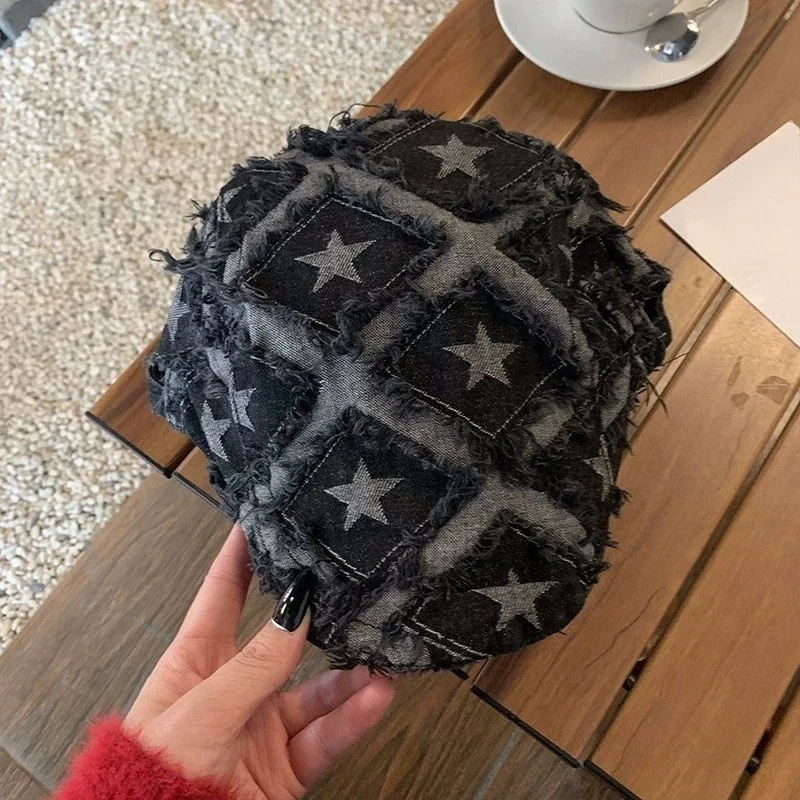 Women’s Fashionable Retro Checked Cap: Spring/Autumn Embroidered Denim Beret, Plain Artist’s Cap