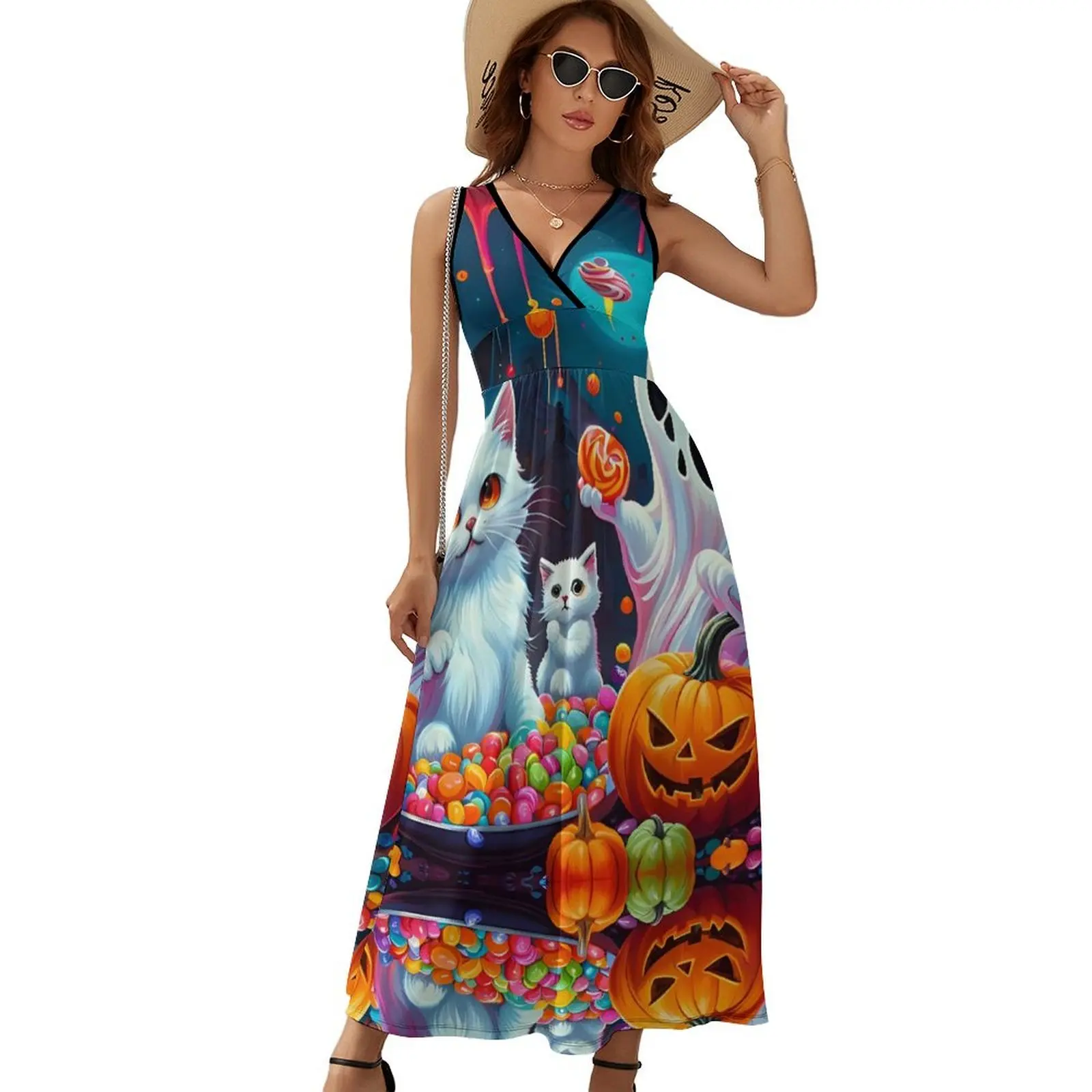 

Pumpkins Ghost Kitten Dress Women Happy Halloween Kawaii Maxi Dress V Neck High Waist Street Wear Graphic Bohemia Long Dresses