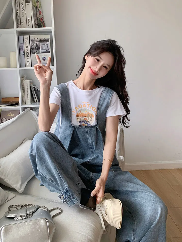 

Повседневный свободный джинсовый комбинезон для женщин, лето 2025, новинка, маленький размер, широкие штанины, удобный для поездок на работу, с высокой талией