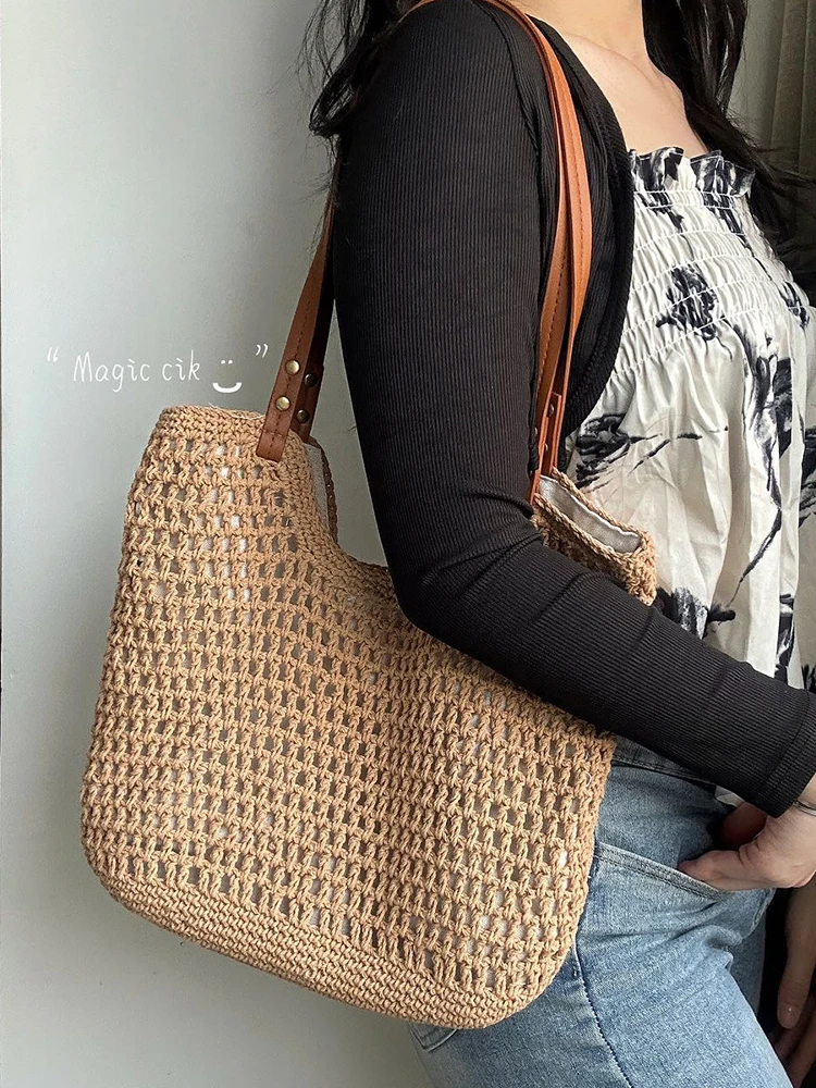 

Women's Shoulder Bag Beach Vacation Leisure Beach Bag Simple Versatile Woven Bag 2025 Summer New Large Capacity Tote Bags