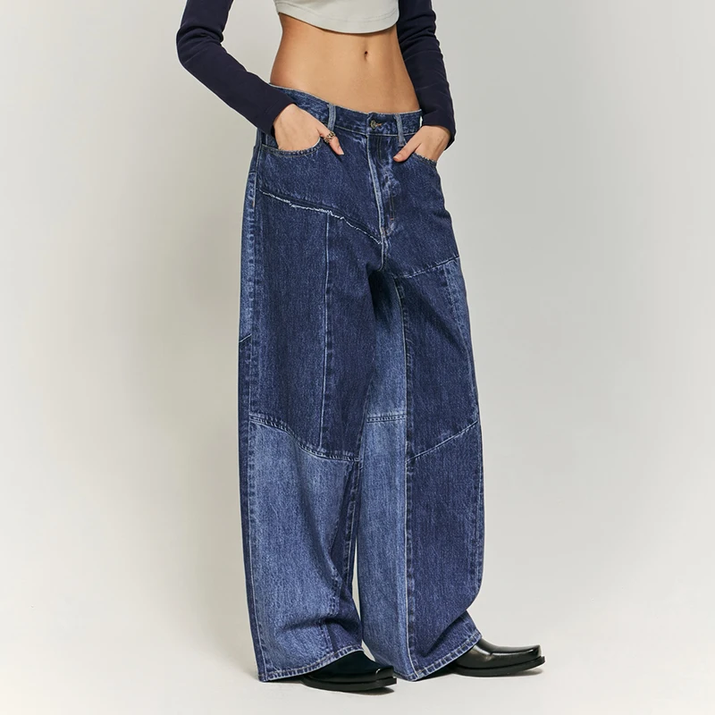 Y2K Retro Washed High Street Jeans im japanischen Stil für Herren und Damen, modische Patchwork-Schnitt, lockere, gerade Wischhose