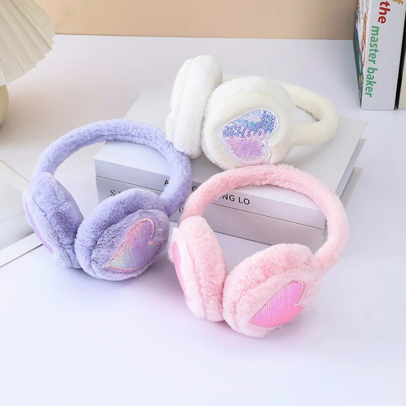 Sweet Style Gradient Heart-Shaped Sequin Plush Earmuffs, Foldable and Thickened Faux Rabbit Fur Winter Outdoor Ear Protectors for Girls, Available in Multiple Colors