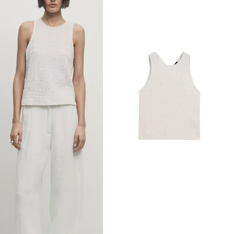 Elegant Back Slit Sleeveless round Neck T-Shirt Textural Aesthetic MD Women's Fashion New Arrival Commute Style Slim Fit Poly...