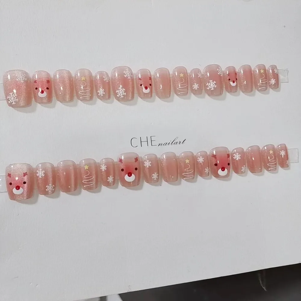 Olho de gato francês unhas falsas wearable manicure forma quadrada unhas falsas cobertura completa ano novo natal imprensa em unhas feminino