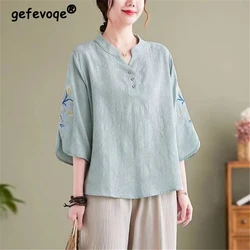 Women Embroidery Vintage Ethnic Style Cotton Linen Blouses 2023 Summer Loose V Neck 3/4 Sleeve Shirt Simple Casual Pullover Tops