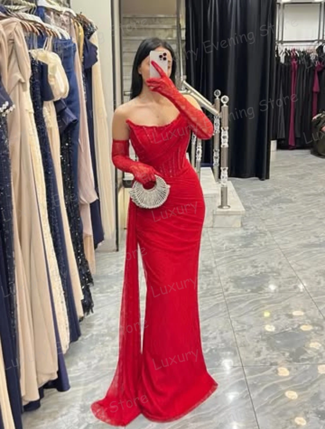 

Simple Red Evening Dresses Woman's Mermaid Boat Neck Sequined Prom Gowns Vestidos De Novia Fashion Party Customized Gloveless