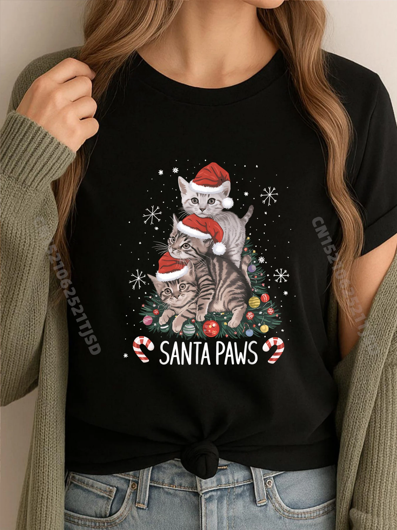 

Santa Paw And Claw Santa Cat Christmas Tree Lights Cat Lover Pink Graphic Tees Cheap Tops T Shirt Washed