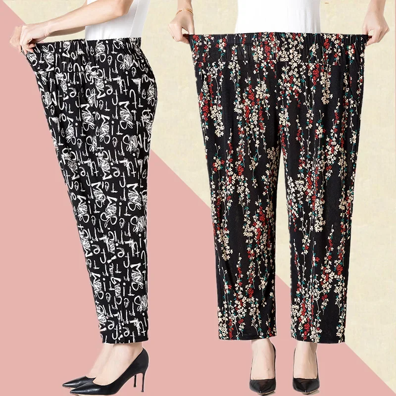 

Plus Size Women Harem Pants Casual Elastic High Waist Pants Print Middle Aged Women Loose Straight Pants Mom Trousers