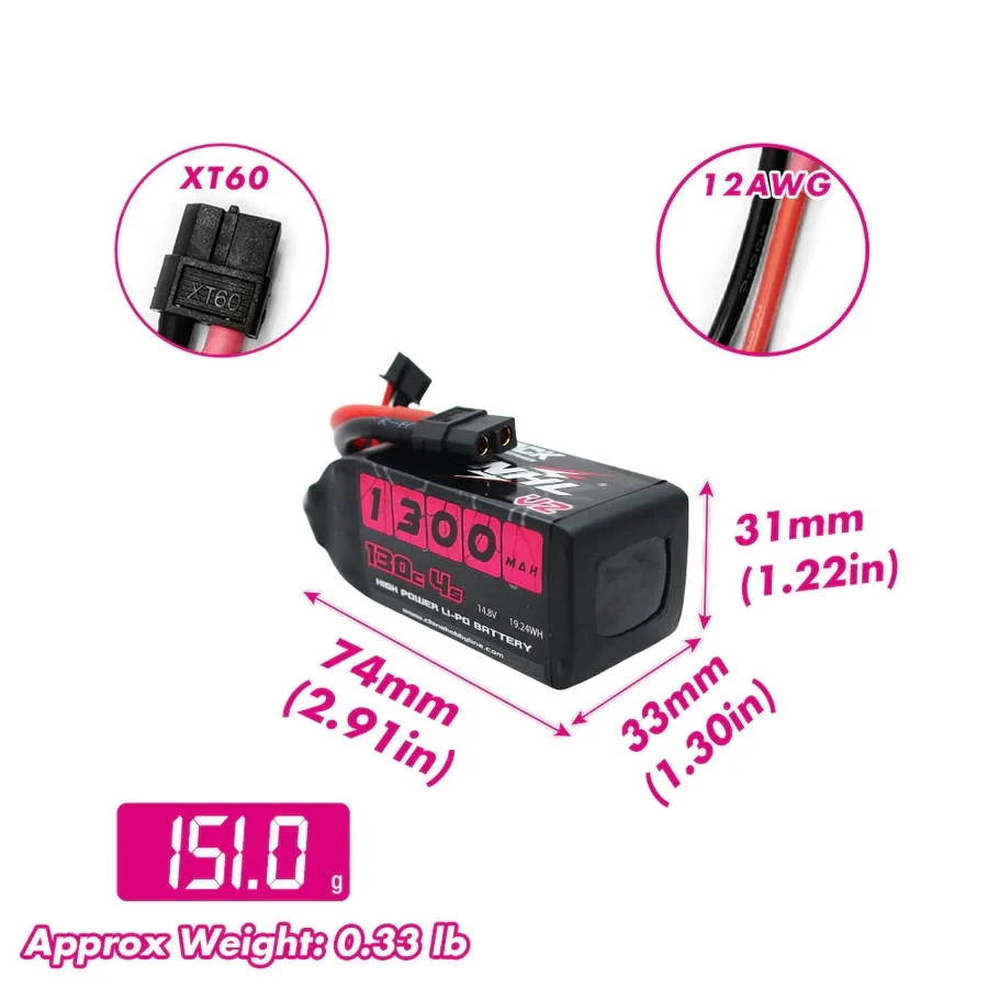 Bateria lipo cnhl 4S 14.8v, 2 peças, 1300mah 1500mah 130c com plugue xt60 para avião fpv drone quadcopter helicóptero hobby