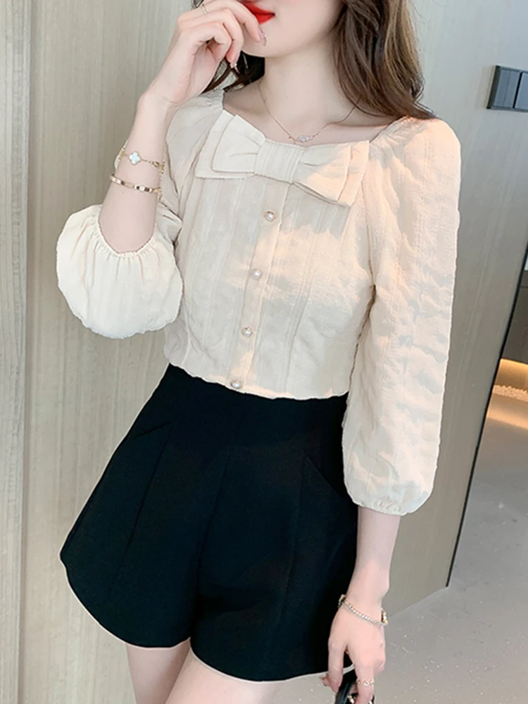 

Knot Square Collar Bubble Sve irt Women's Spring Faion Design Sensation Anti Aging Ladies irt Sweet Sle