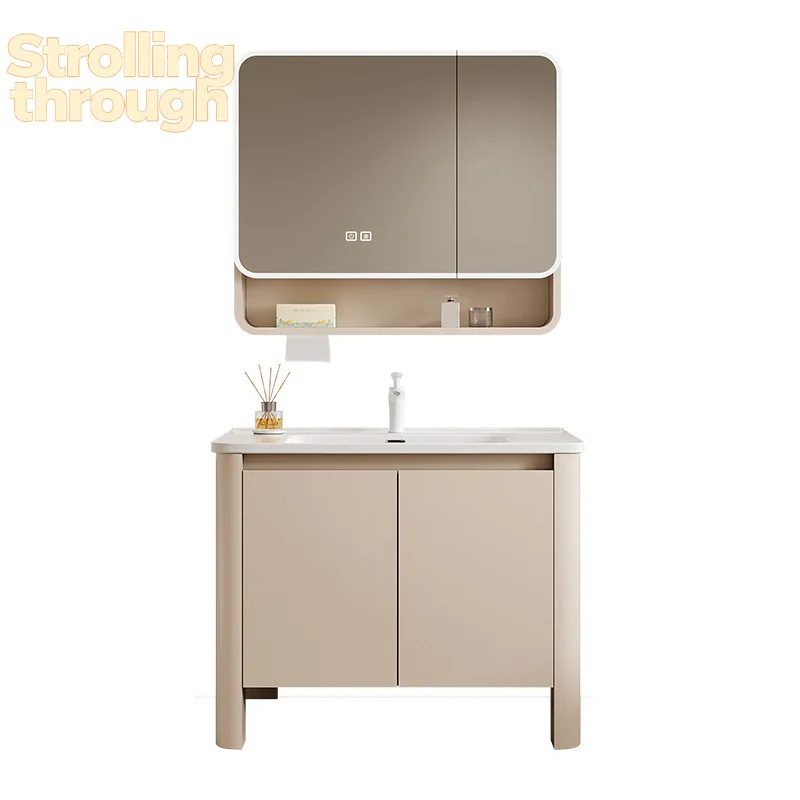 

Кремовый напольный шкаф для ванной комнаты с боковым отсеком для хранения, комбинированный умывальник с интегрированной керамической раковиной для туалета