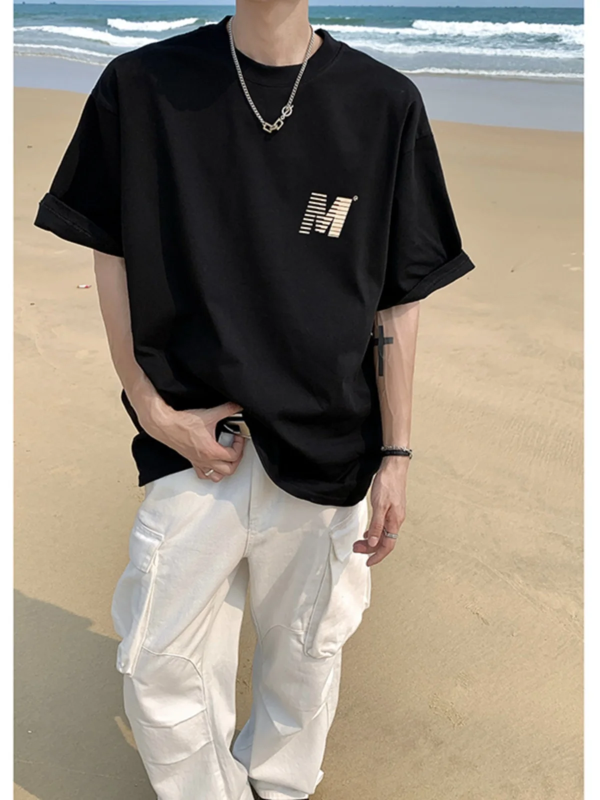 

Faionable Oversized Men's T-irt ort Sve Casual Sle All-Match Summer Top American High Street Heavyweight irt