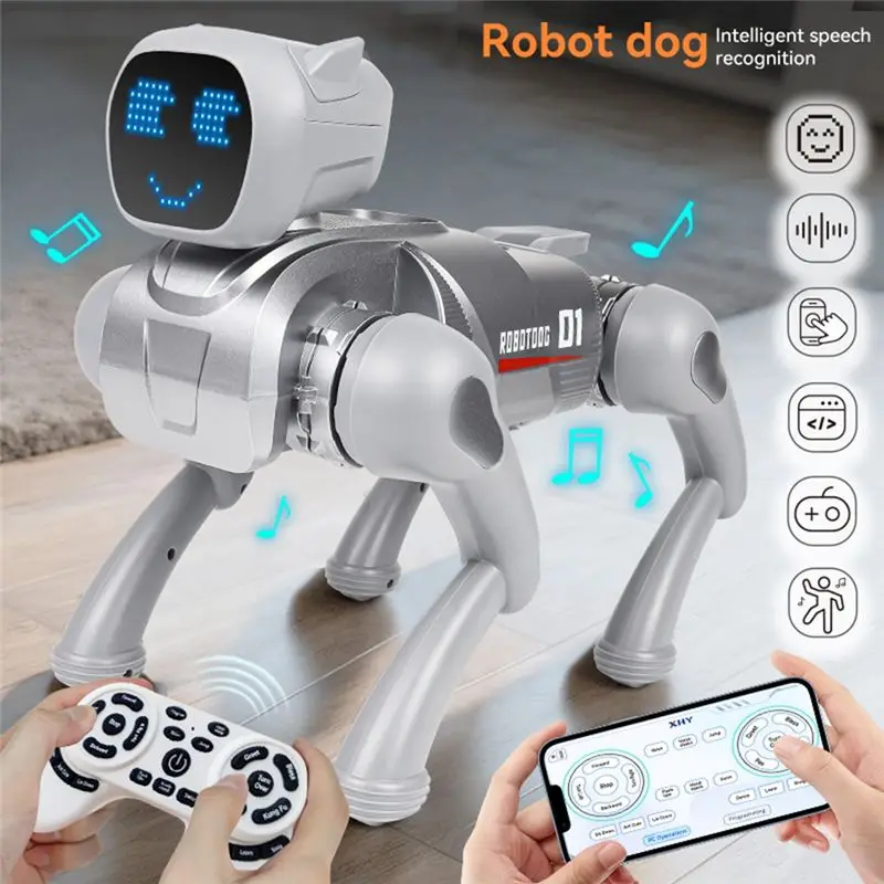 ABUM-2.4G Intelligent RC Robot Mechanical Dog Voice Dialogue Cute Expression Light APP Remote Control Programming Toy Gray