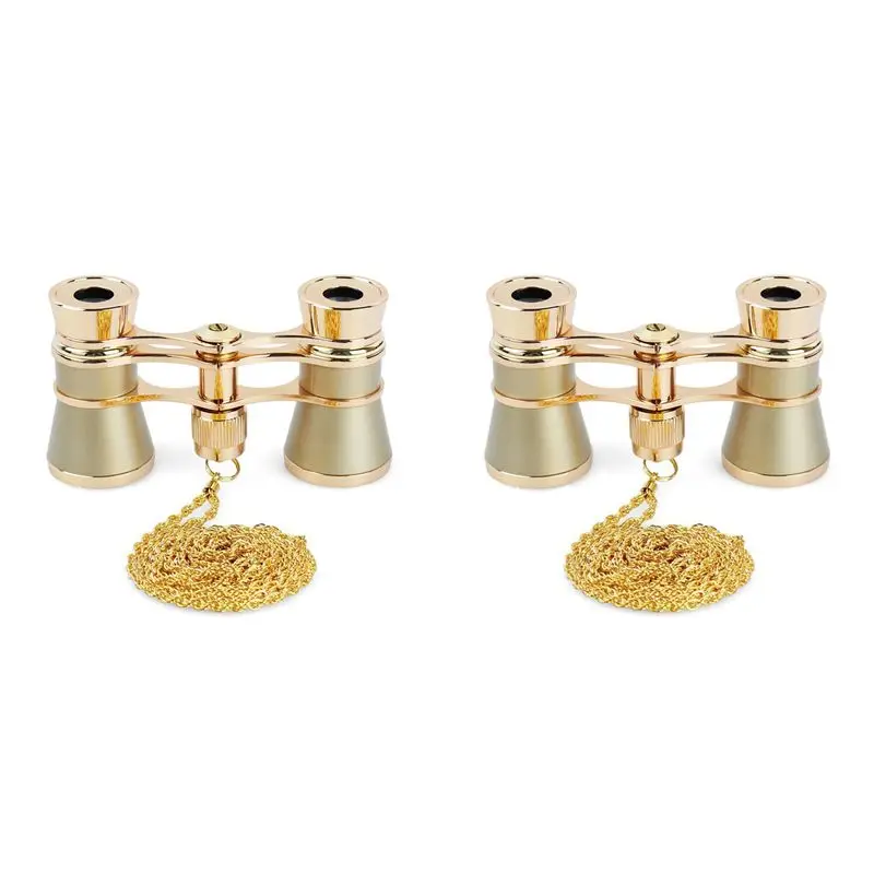 ABJN-2Pcs 3X25 Opera Viewing Binoculars All Metal With Handle/Chain Ladies Retro Small Binoculars Mini Binocular