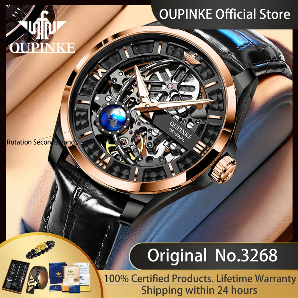 

OUPINKE 3268 Original Mechanical Watch for Men Unique Rotation Globe Seconds Hands Design High-end Brand Automatic Men's Watches