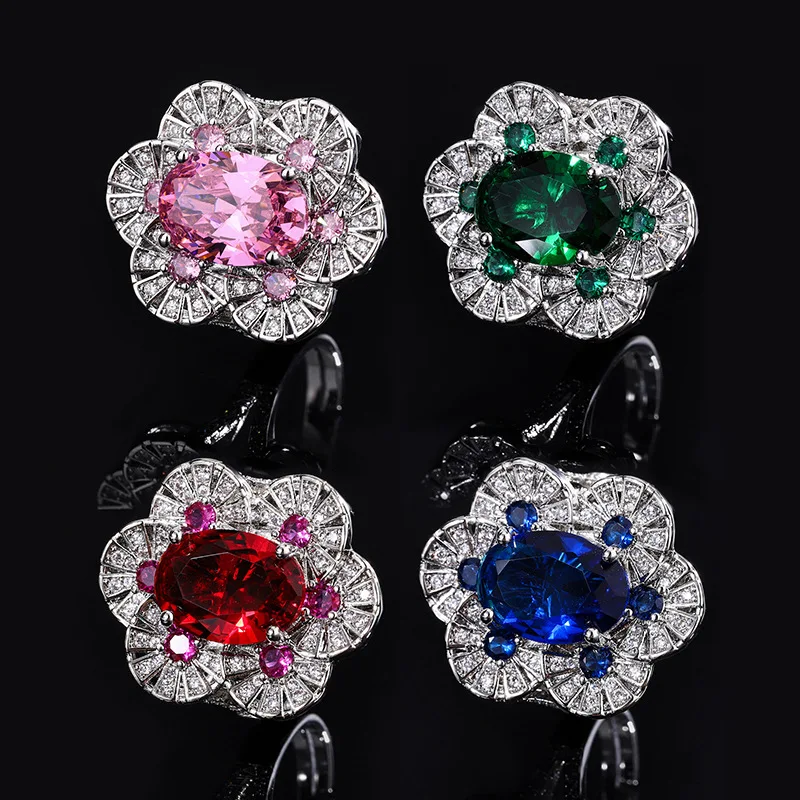 Retro Sapphire Flower Adjustable Couple Rings Women Jewelry Luxury Artwork Beautiful Sweet Time Gift Accessory Free Shipping