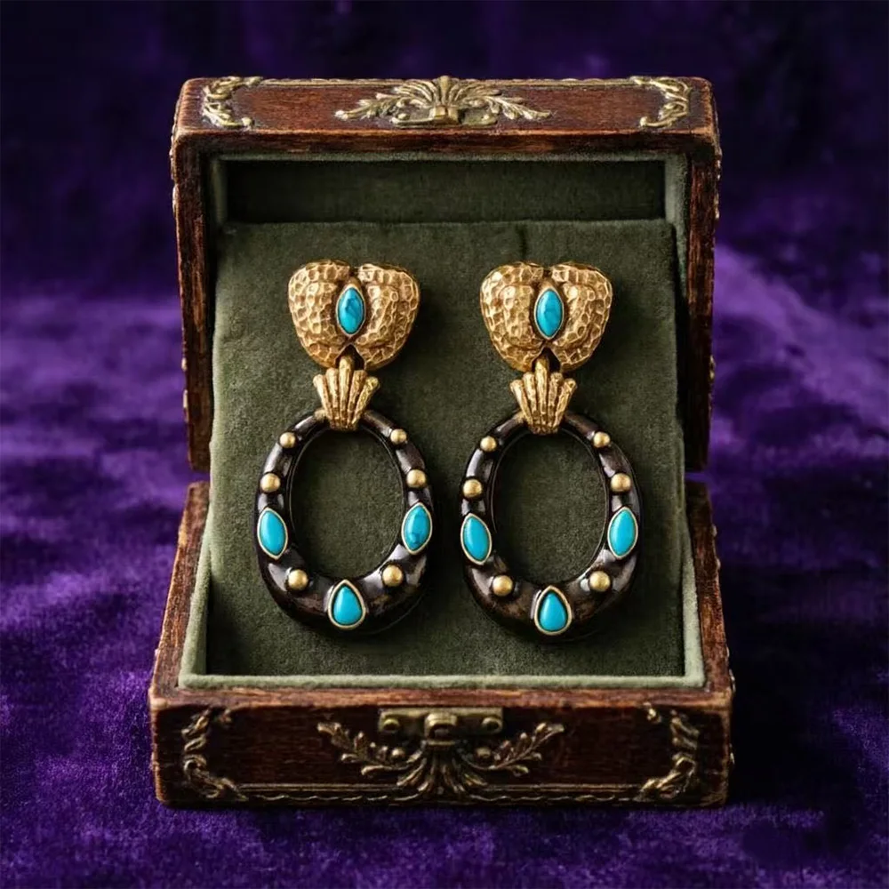 

Vintage jewelry fashion classic enamel inlaid natural stone earrings design paired with Bohemian style female earrings