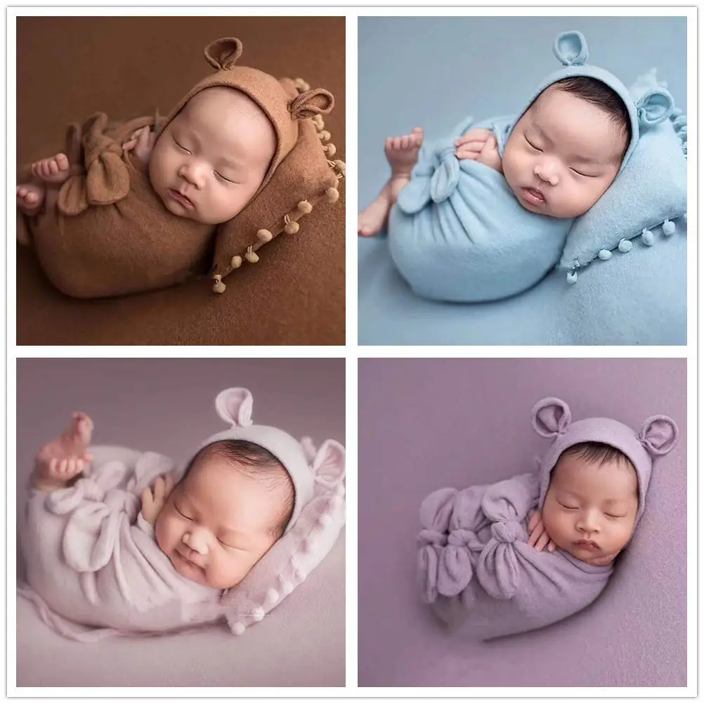 Newborn Baby Photography Props Bonnet Hat Bow Wrap Stretch Fabric Blanket and Posing Pillow Photo Shoot Prop Milestone Photo