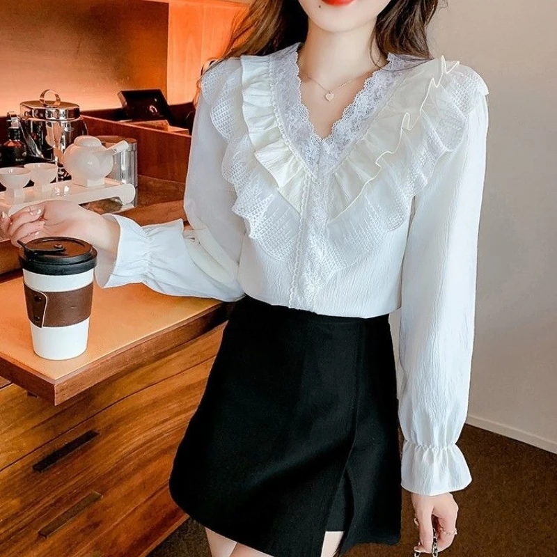 

Женская блузка с длинным рукавом из шифона с кружевной отделкой и рюшами, повседневный элегантный топ для весны и осени