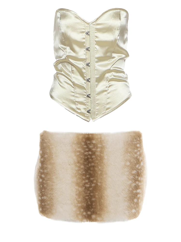 奇妙な猫のようなクリスマスセクシー2ピースセット レディース インビジブルボタンコルセットトップ+グラデーションファーピーチヒップスカート ミッドナイトクラブウェア衣装