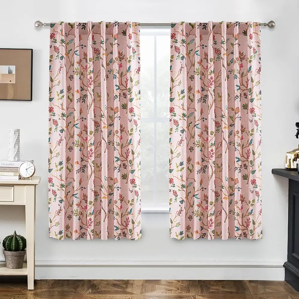 

Шторы блэкаут Lauren Pink из льняной ткани с текстурой, 100% затемнение, для спальни, с красочным акварельным принтом в виде ветвей, на подкладке, термоизоляционные