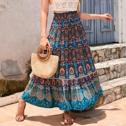 Women's Boho Floral Print Long Skirts Summer Flowy High Waist Pleated A Line Maxi Skirt Geometric Shirred Beach Midi Dress 2024