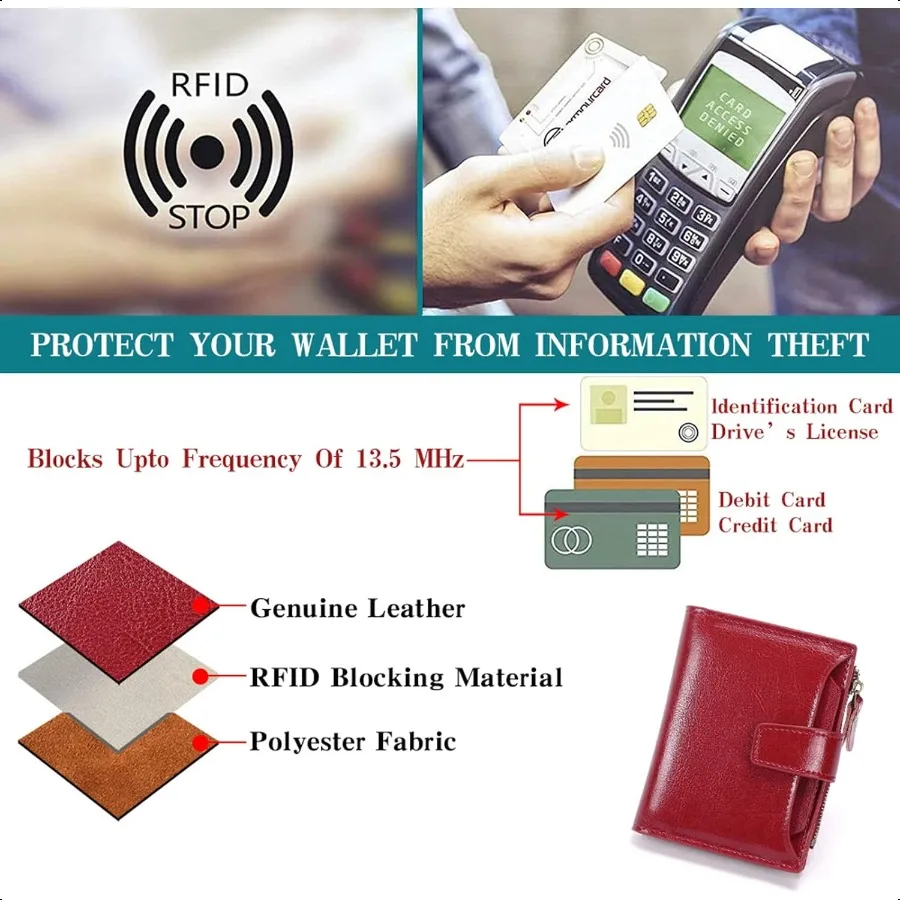 Small Women Wallet Genuine Leather RFID Blocking Bifold Zipper Pocket Card Holder with ID Window